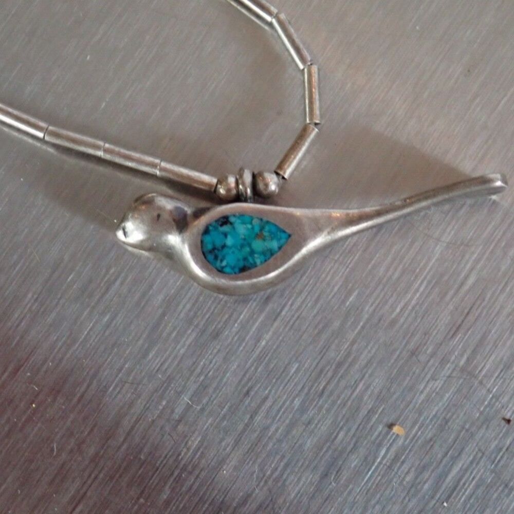Zuni Native American Sterling Silver Turquoise Chip Bird Pendant Necklace 15" - Picture 11 of 16